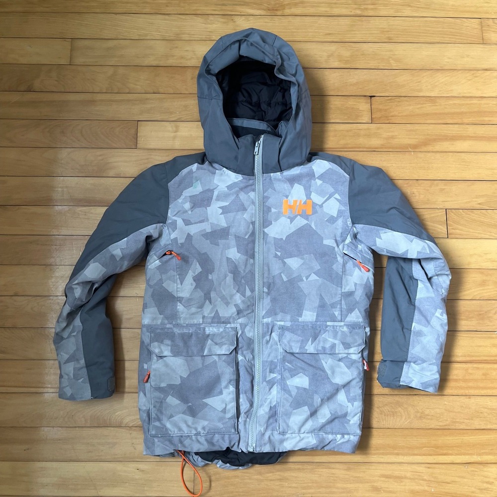 Helly Hansen Mens Grey Camo RECCO Hooded Ski Jacket Orange Accents Size Medium